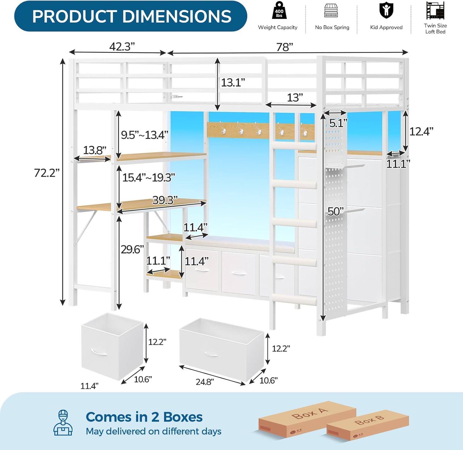 Twin Loft Bed with 6 Storage Drawers, Hall Tree and Pegboard, Metal Loft Bed Twin Size with Desk and Adjustable Shelf, LED Lights and Charging Station, Safety Guardrail and Ladder,No Box Spring Needed