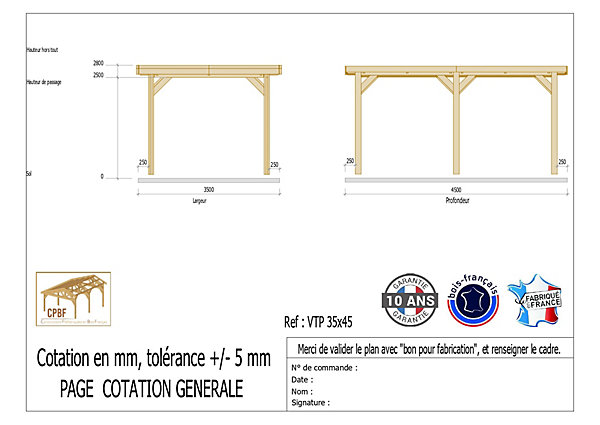 Carport toit plat, 350cmx450cm, bois DOUGLAS Français(Charpente en bois-auvent-abri voiture) 16 m². Garantie 10 ans