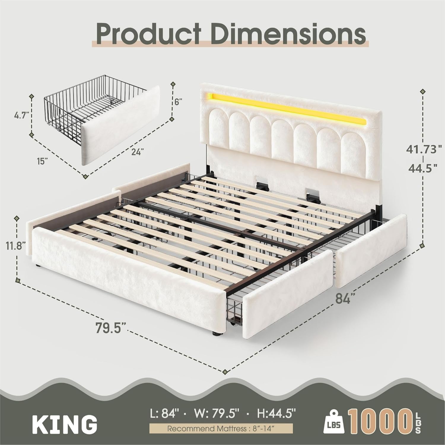 Velvet Upholstered King Size Bed Frame with 4 Storage Drawers, Vertical Arched LED Headboard, Sturdy Wood Slats Support, No Box Spring Needed, Beige