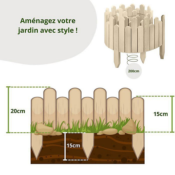 Bordure de Jardin en Bois Clôture d'Extérieur 200 cm x 20 cm Non Traitée Barrières de Jardin Piquets d'ancrage Bordure de Gazon