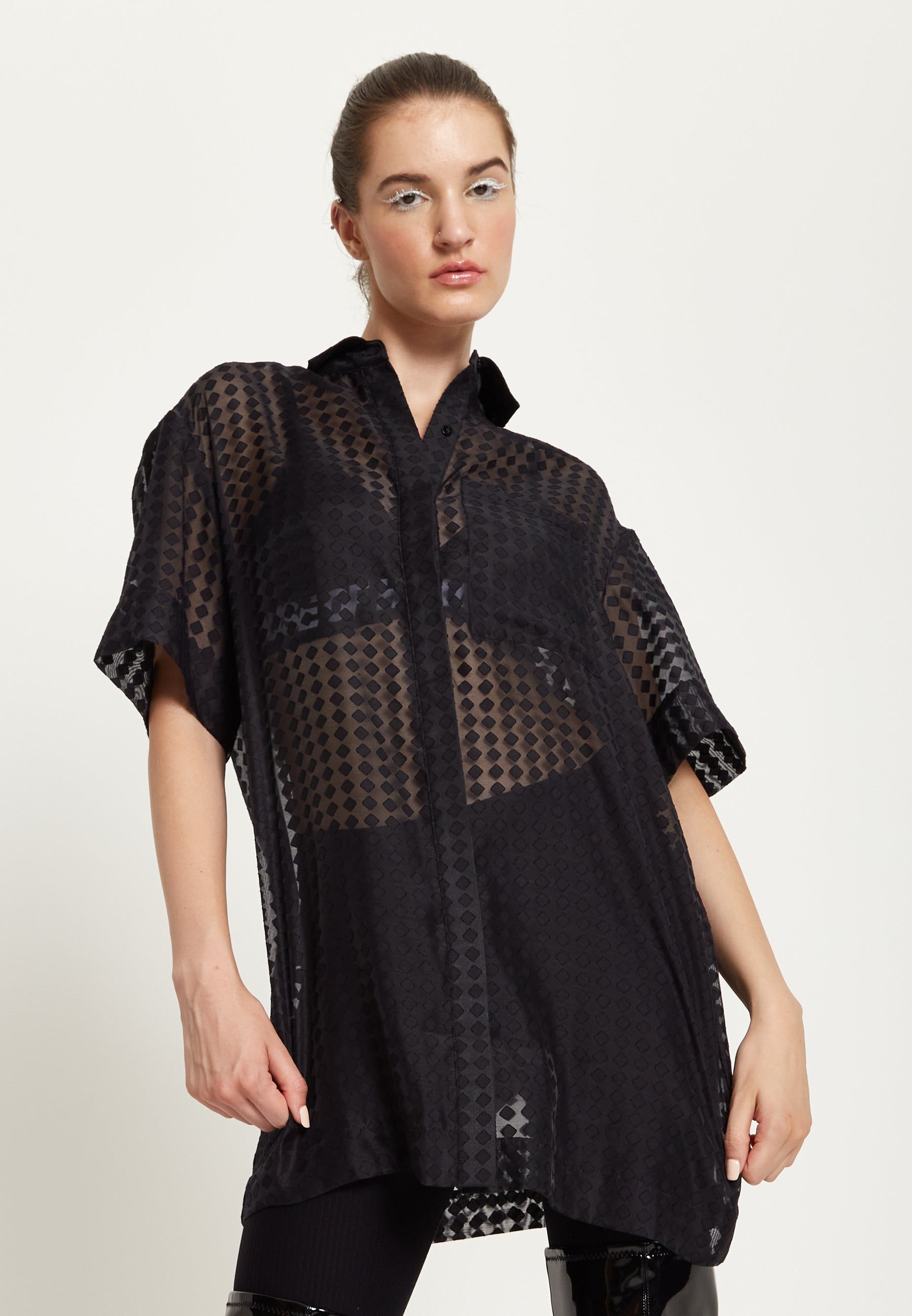House of Holland Logo Back Shirt in Black with Pink Embroidery