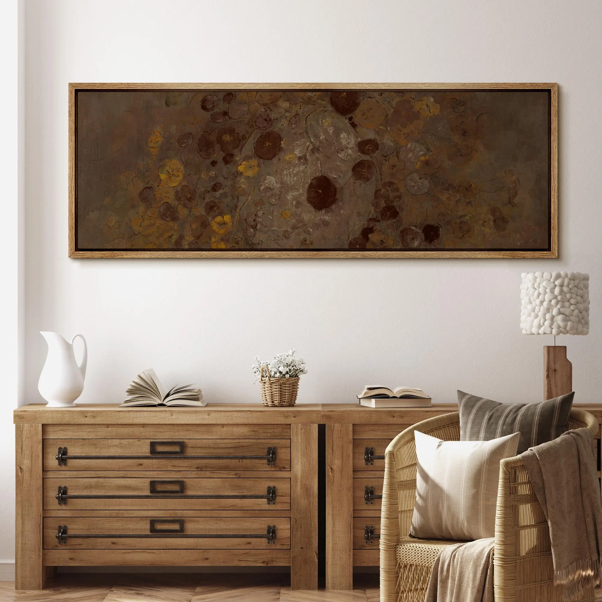 Vintage Brown Floral Abstract Wall Art, Large Framed Earth Tone Botanical Canvas Print, Rustic Nature Painting for Living Room, Office Decor