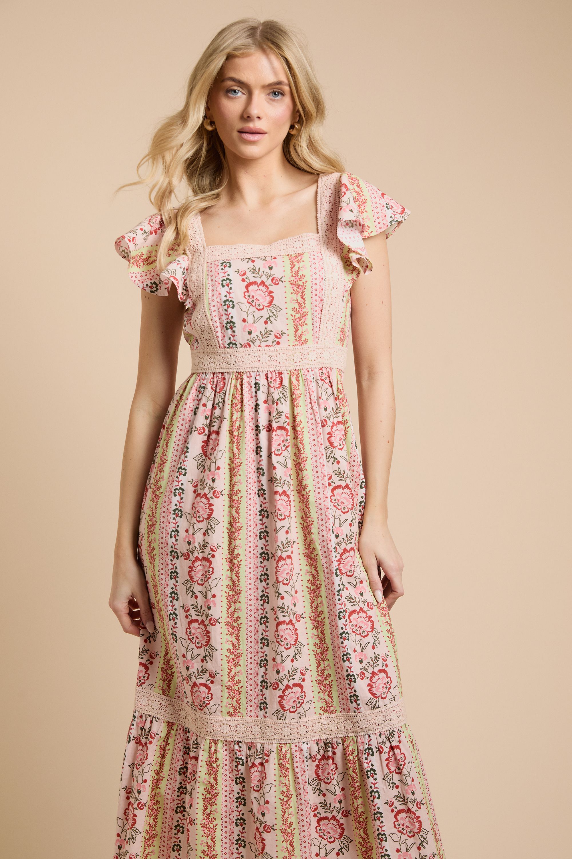 Dorothy Perkins Frill Sleeve Tiered Hem Printed Poplin Midi Dress
