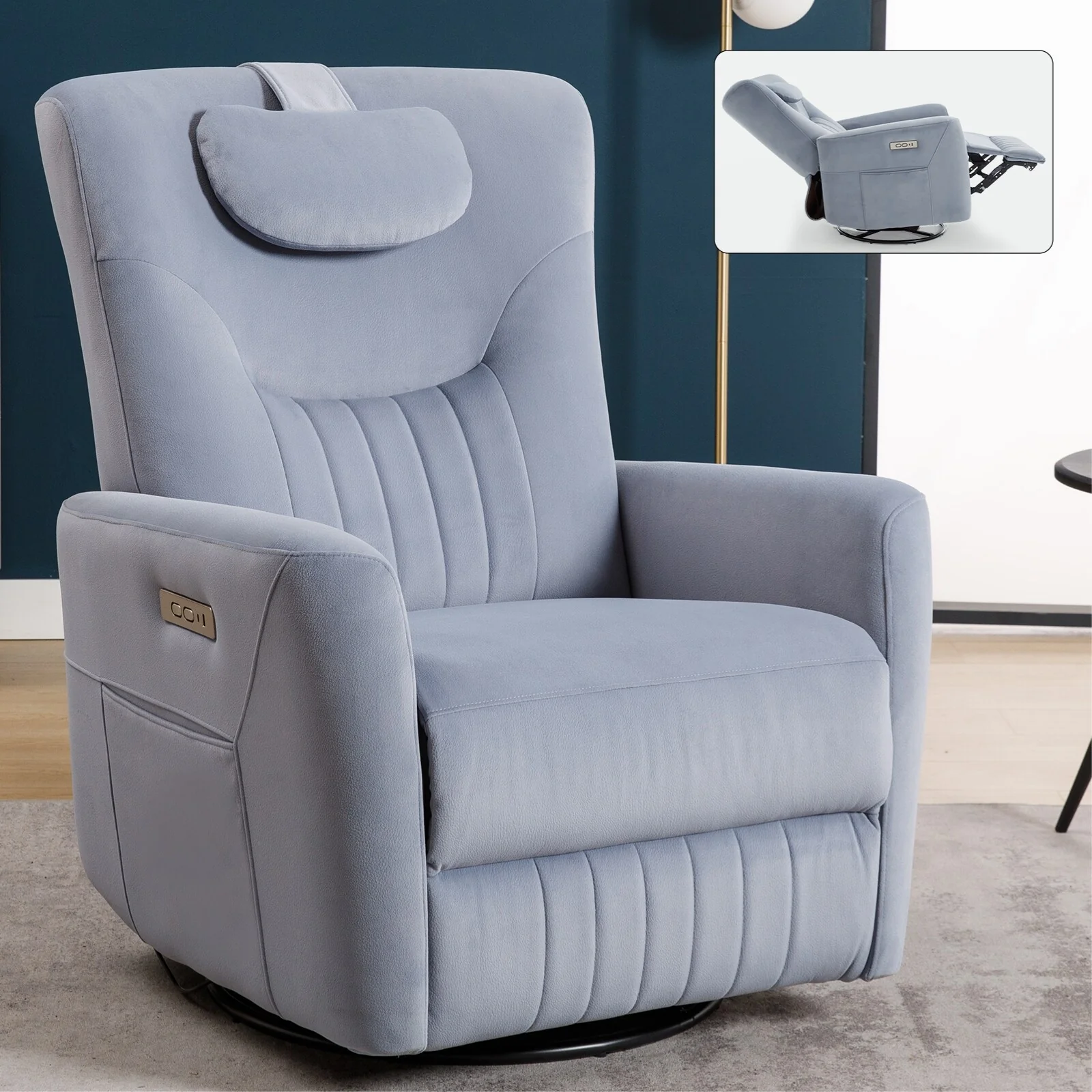 Beige Power Swivel Rocker Recliner with Lumbar and Neck Support, including USB & Type-C Charging Options