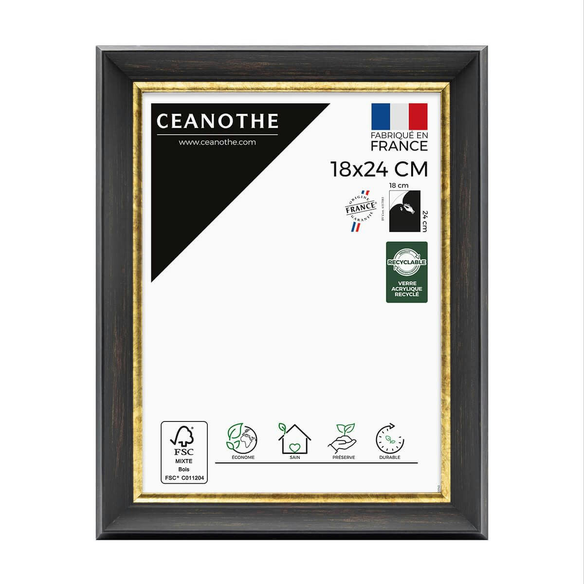 PANDORE - Cadre photo noir et finition doré 18x24 cm résine recyclée