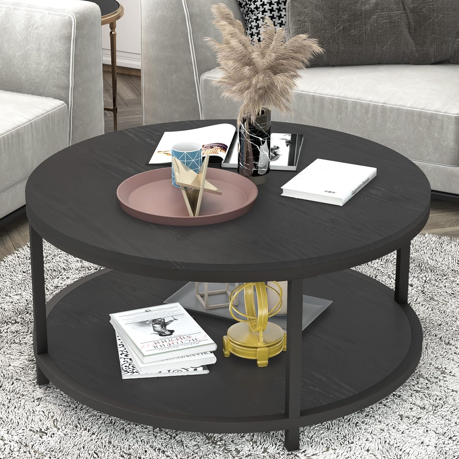 NSdirect Round Coffee Table, 36 Rustic Wooden Surface Top & Sturdy Metal Legs Industrial Sofa Table for Living Room Modern Design Home Furniture with Storage Open Shelf (Black Oak)