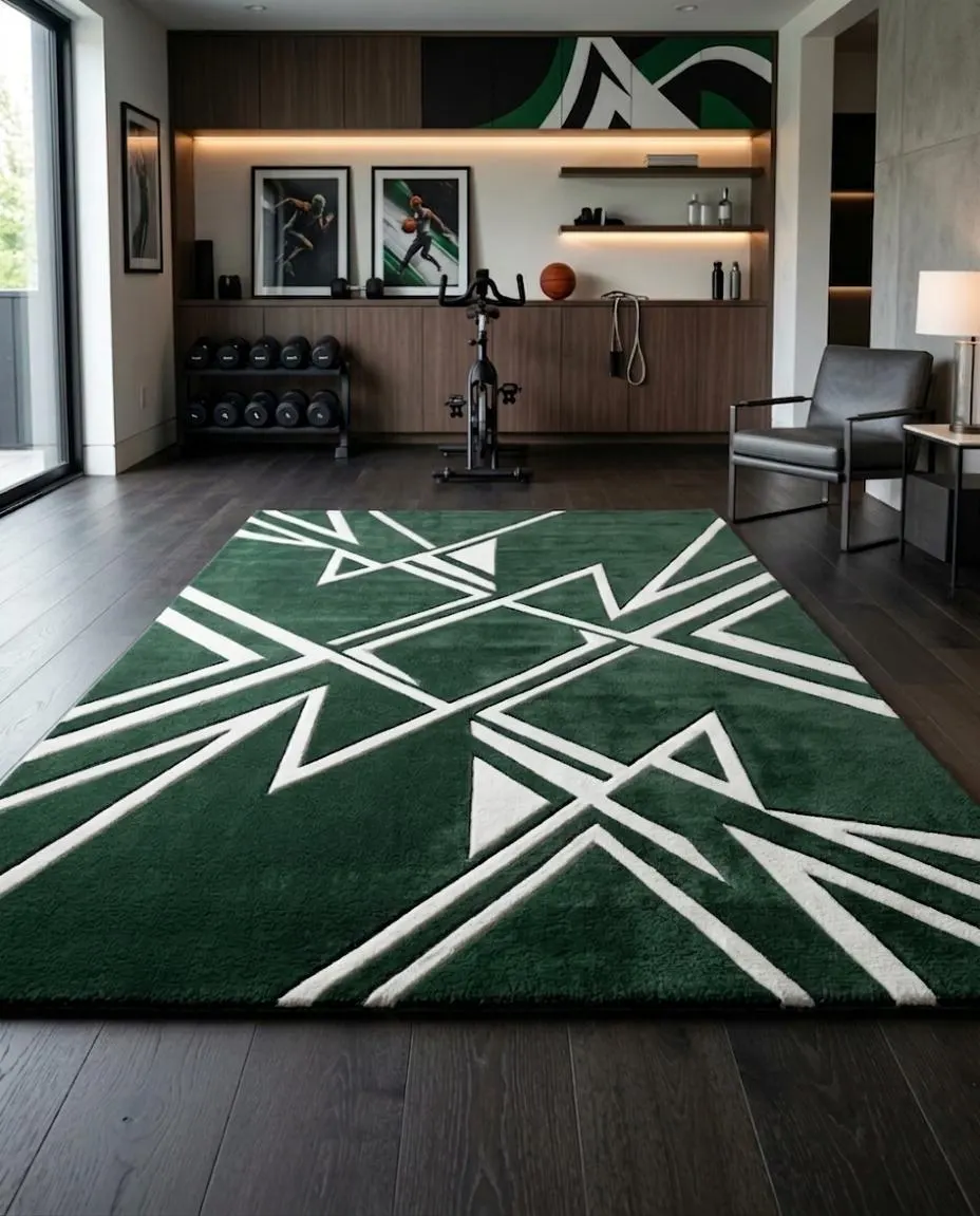 Modern Geometric Green Rug, Abstract White Line Area Rug, Contemporary Statement Carpet for Living Room, Bedroom, Office, Custom Size