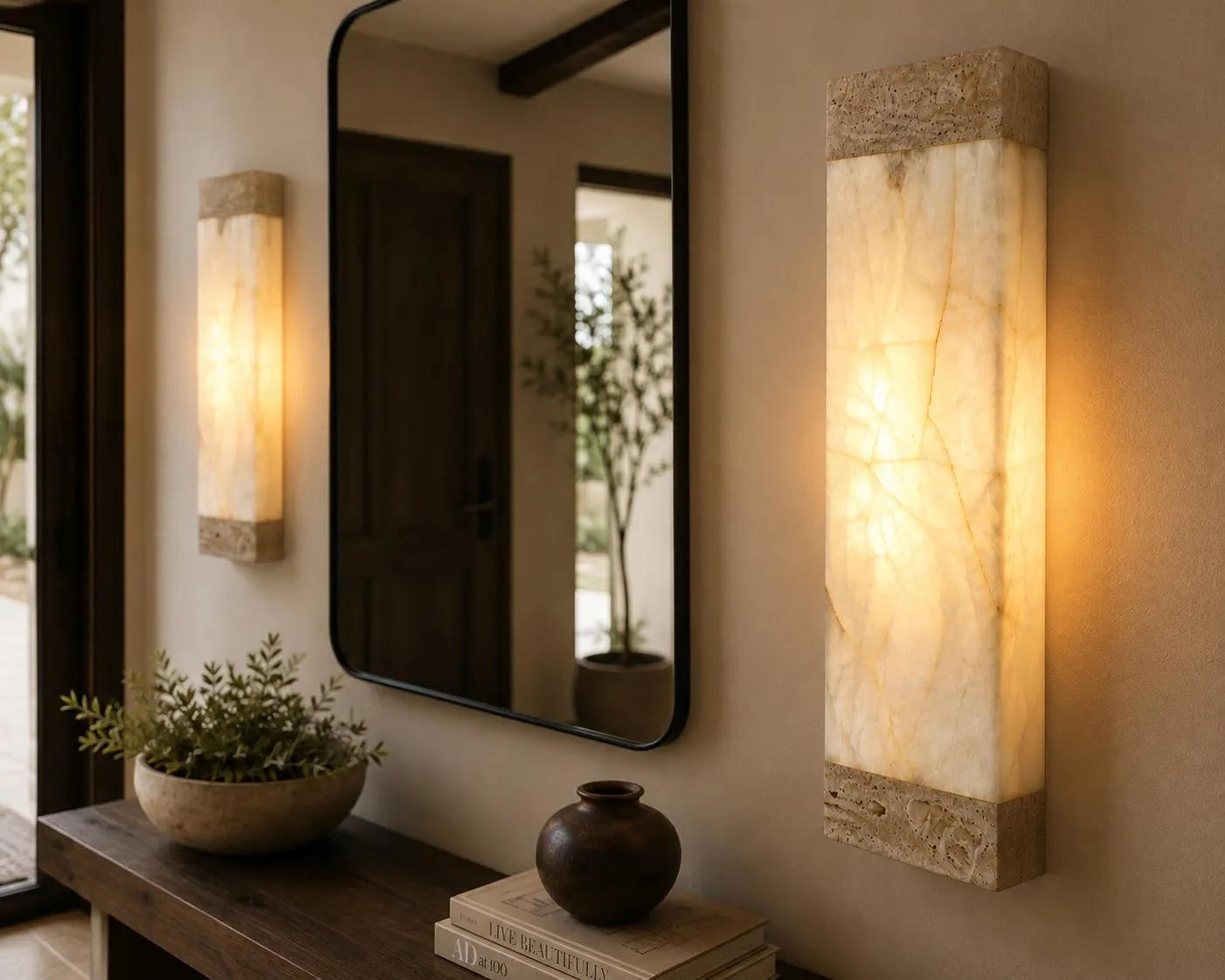 2 Handmade White Onyx Wall Sconce, Large 20” Natural Stone Light, Rectangular Modern Wall Lamp, Luxury Bathroom & Bedroom Lighting