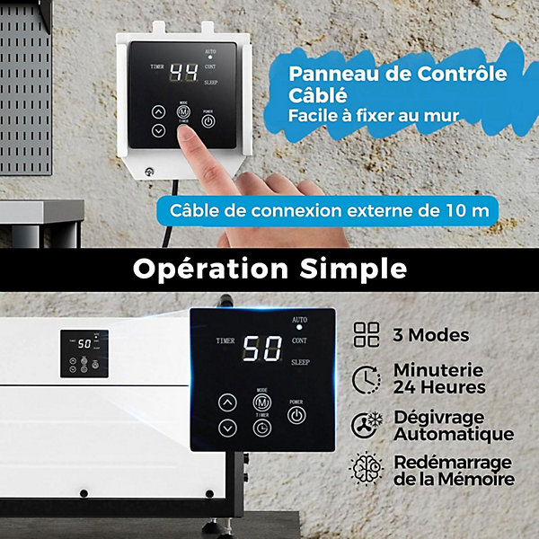 Deshumidificateur d Air Industriel 73,5L/Jour, Panneau de Contrôle, 20%-90% Humidité, 2 Méthodes Drainage Blanc