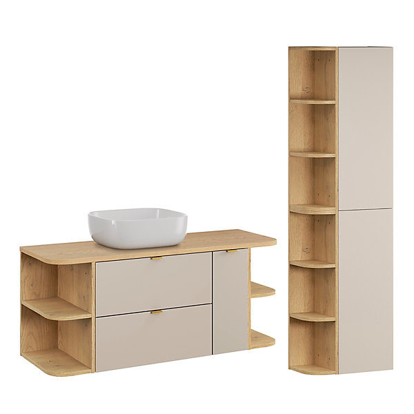 Ensemble meuble simple vasque 120cm 3 tiroirs niches arrondies et colonne Azel Cachemire et Bois