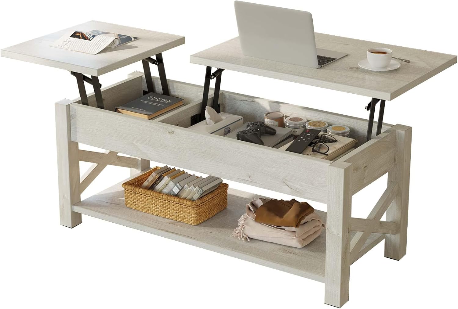 Rolanstar 47.2 Lift Top Coffee Table with Hidden Compartment, 2 Way Lift Top Coffee Table with Open Shelf & X Wooded Support, Farmhouse Center Table for Living Room, Grey