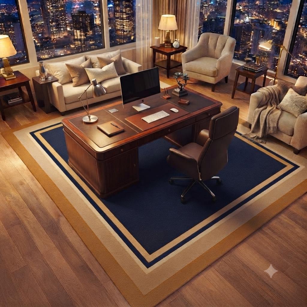 Navy Blue Gold Border Area Rug, Modern Geometric Luxury Carpet, Contemporary Floor Rug