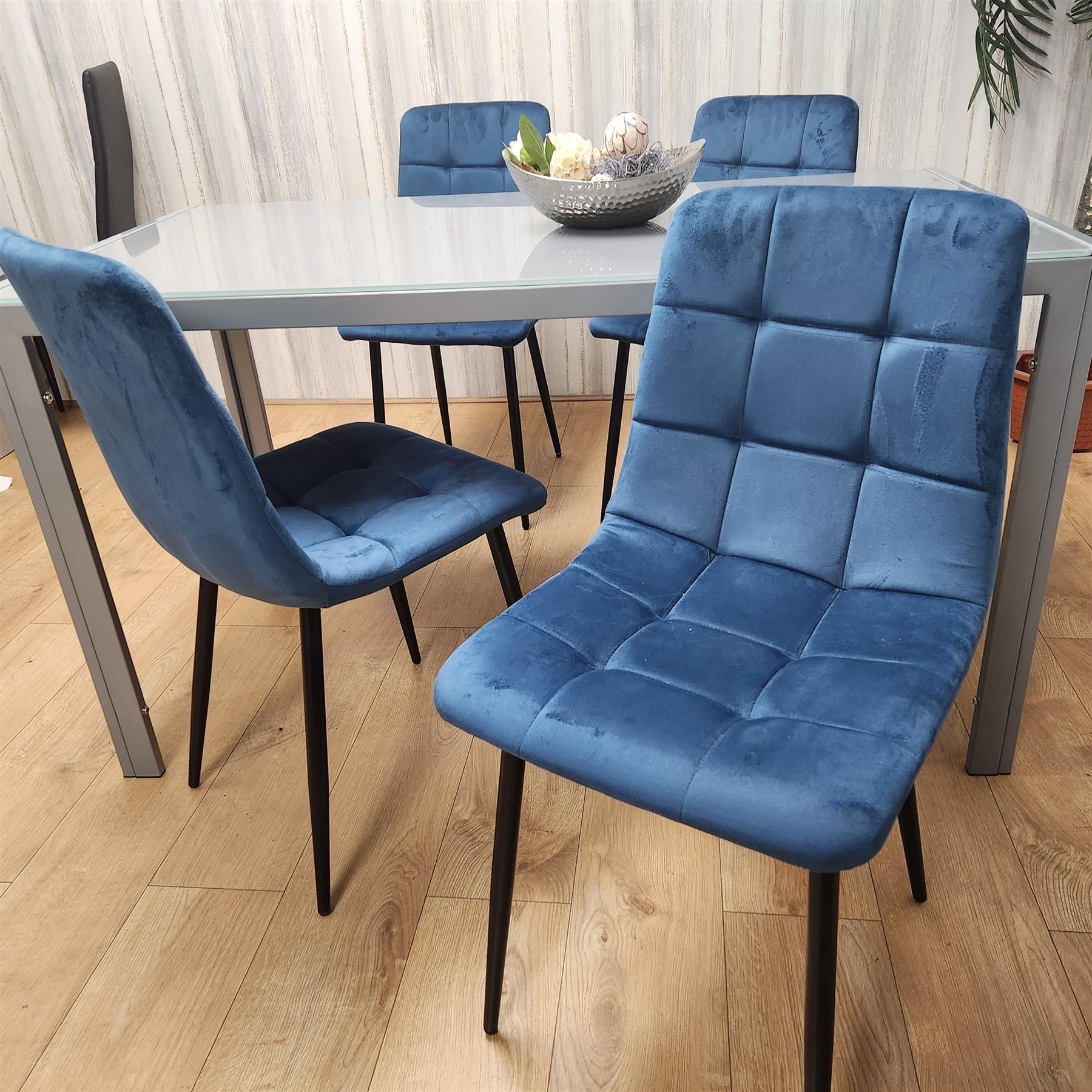 KOSY KOALA Modern Rectangle Grey Glass Dining Table Set With 4 Blue Velvet Chairs Dining Room Furniture