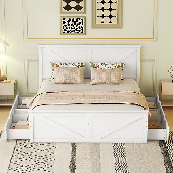 Lit Double 160x200 cm - Lit Adulte Plateforme avec 4 Tiroirs de Rangement - Design Minimaliste - Sans Matelas - en Bois - Blanc