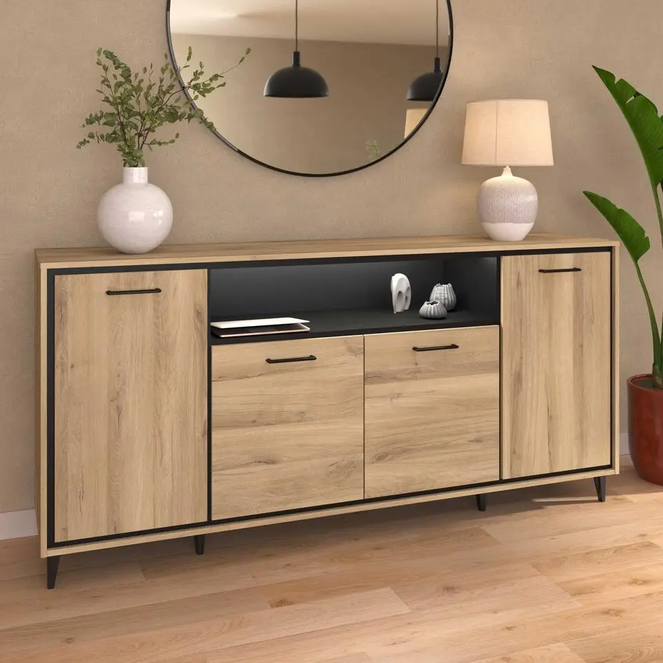 Dressoir Oskar - 180x40x86cm - 4 deuren - met verlichting - eikdecor/zwart