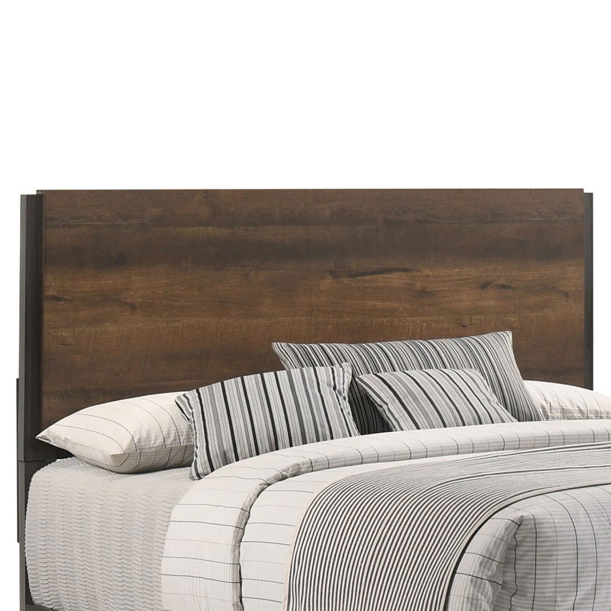 Dual Tone Panel Queen Size Headboard with Wood Trim Edges, Brown