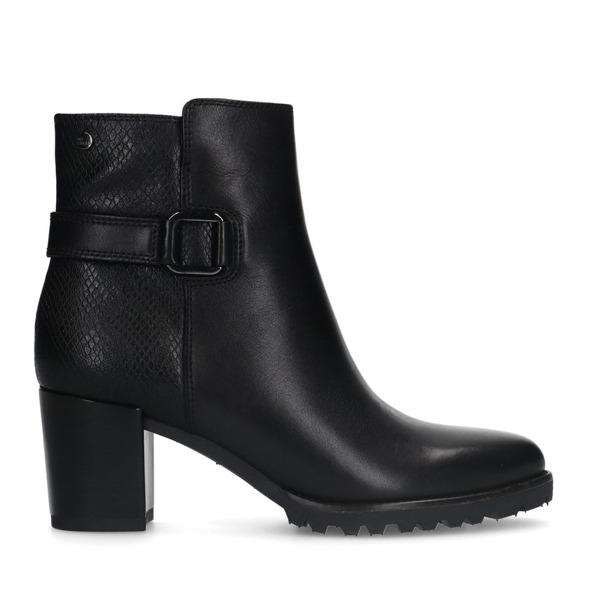 No Stress Zwarte leren enkellaarsjes met hak en zilverkleurige gesp