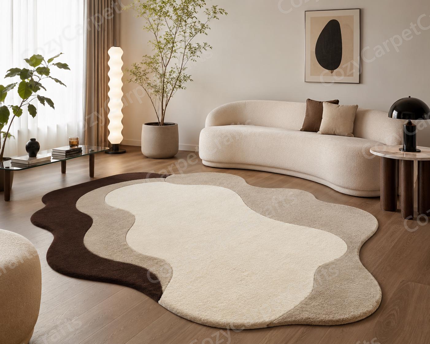 9x12 feet Hand-Tufted Wool Area Rug: Organic Abstract Cream Brown Neutral Decor Carpet 8x10ft