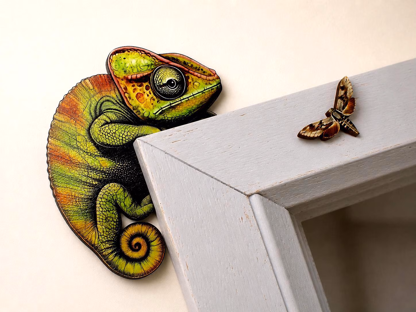 Wooden Chameleon & Moth Door Frame Figure – Animal Wall Decor Set