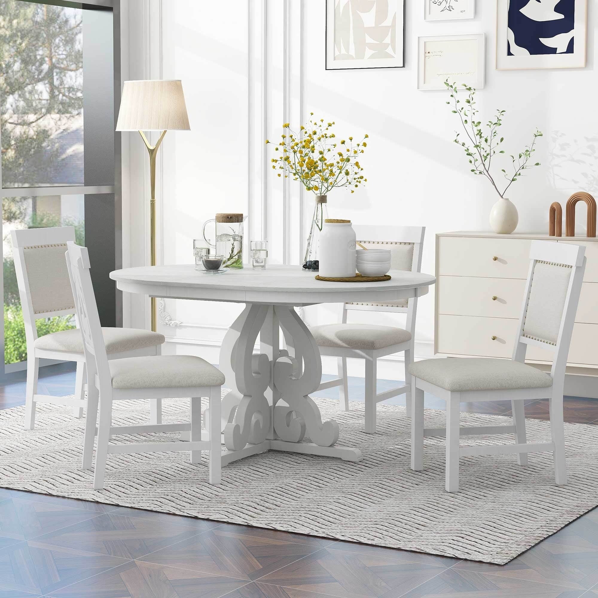 5-Piece Retro Extendable Dining Table Set with 16-Inch Leaf, 4 Chairs