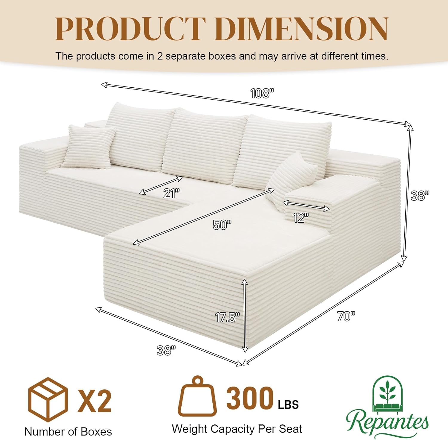 108 L Shaped Boneless Sectional Couches for Living Room, Comfy Corduroy Floor Cloud Sofa with Chaise, Wide Armrest, Deep Seat, Memory Foam, Assembly Free, Ideal for Small Spaces, White