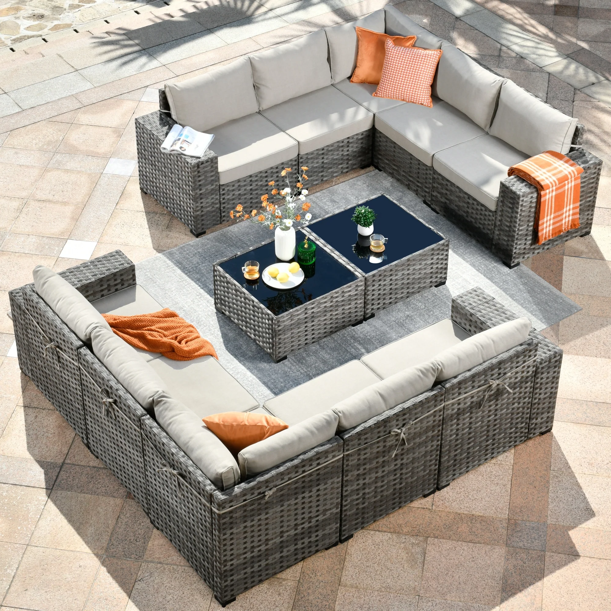 OVIOS Patio Wicker Furniture Wide Arm 12-piece Set with Table