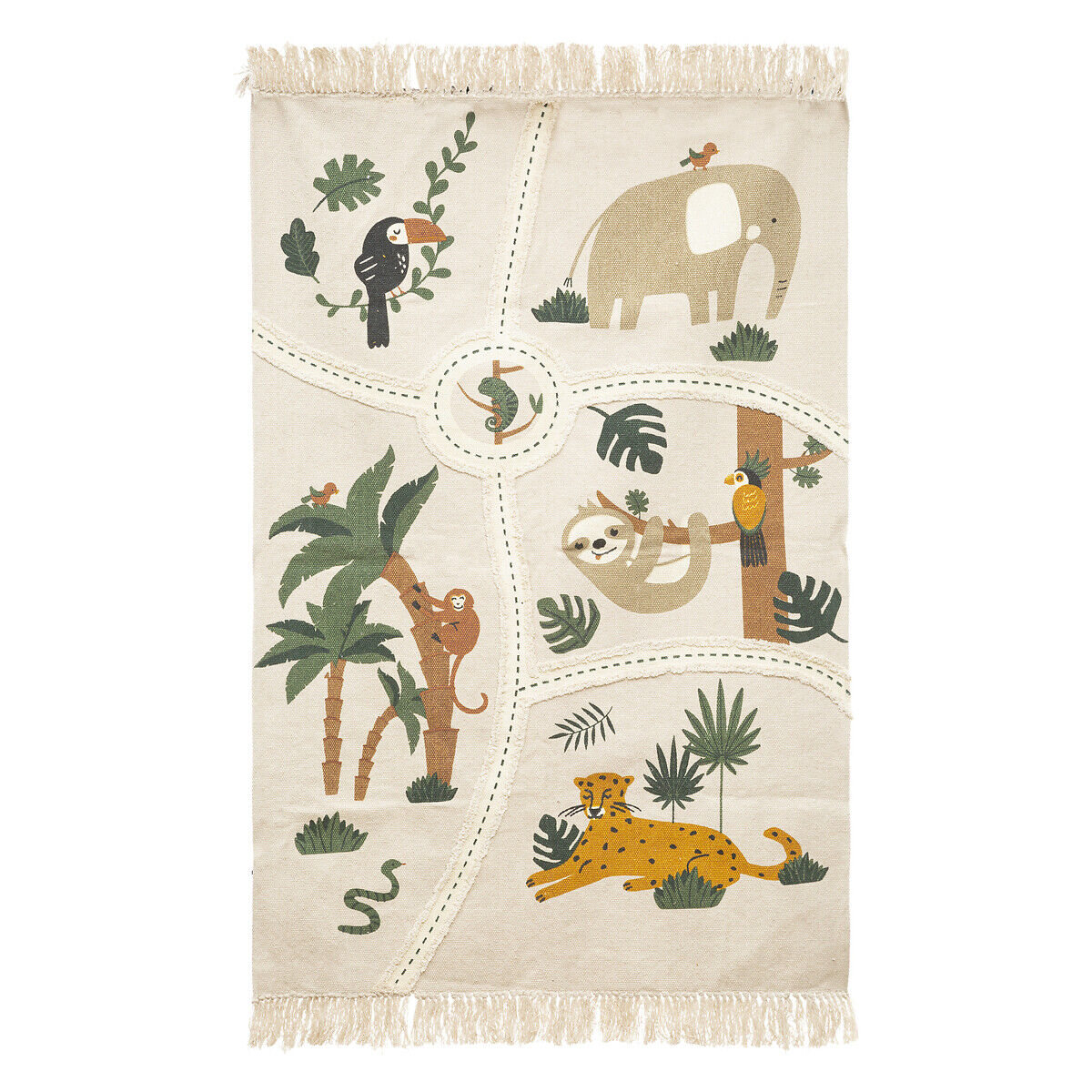 Tapete JUNGLE animais cru com franjas 100x150cm