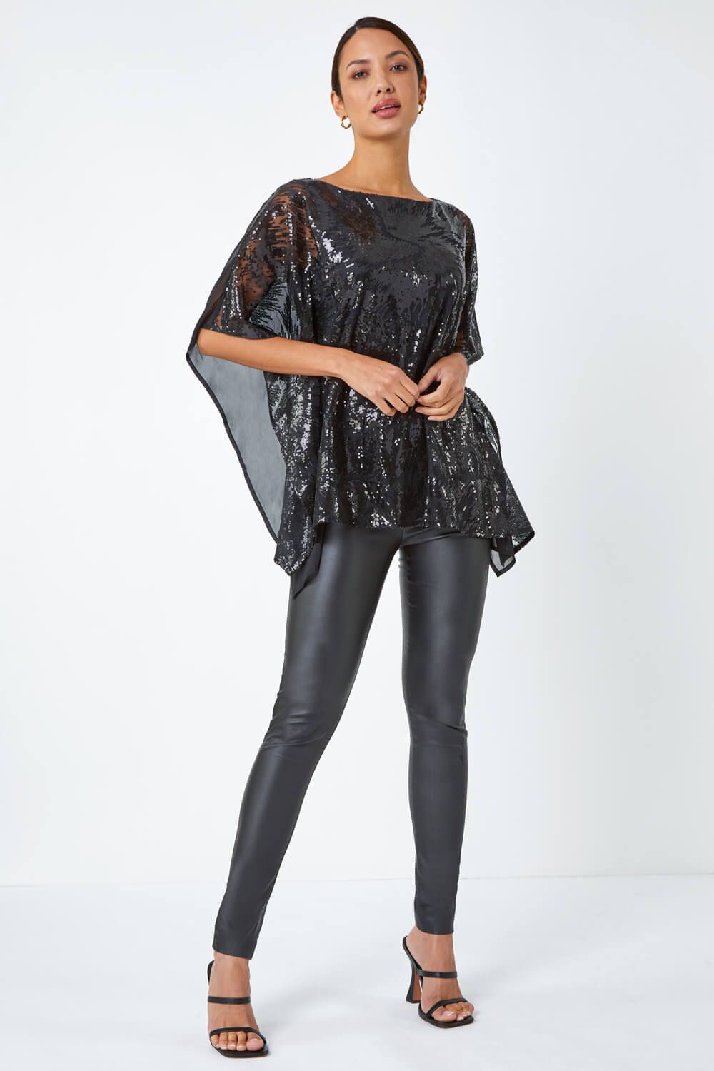Roman Sequin Overlay Stretch Chiffon Top