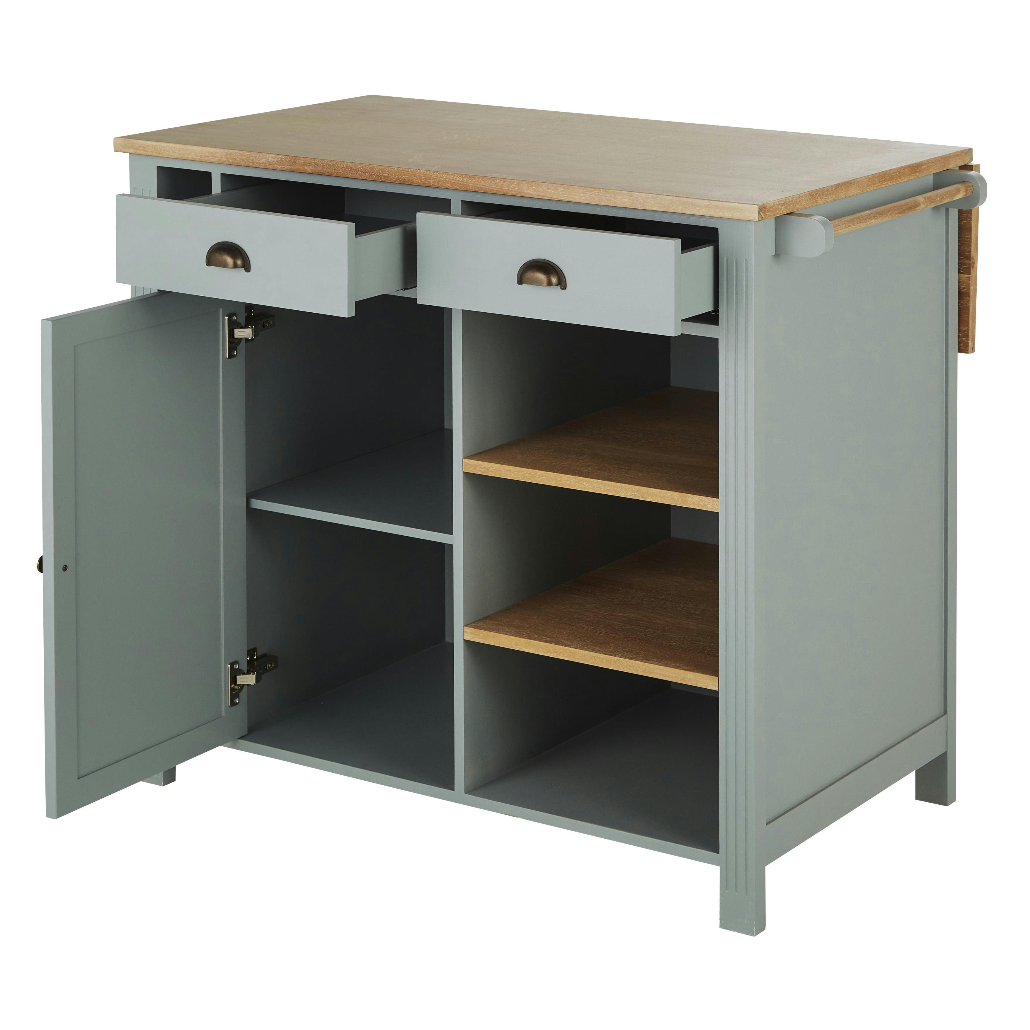 Beaumont - Îlot central cuisine 2 tiroirs, 1 porte, 1 étagère et 6 niches vert d'eau et beige