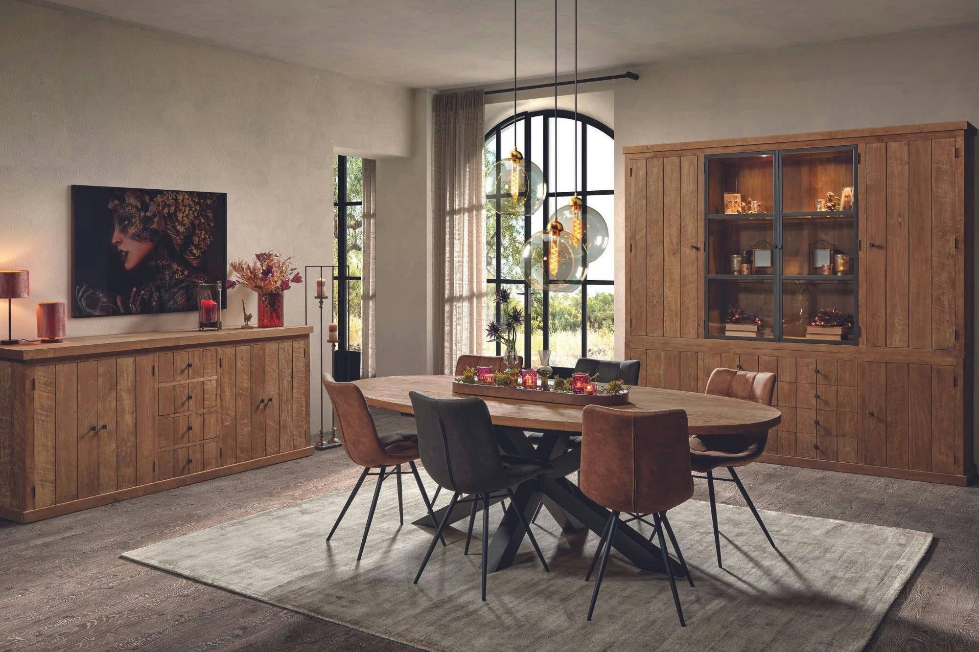 LINAS - Buffet vaisselier en bois recyclé 4 portes 8 tiroirs éclairage LED