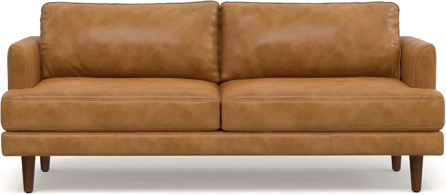 SIMPLIHOME Livingston Sofa - 76 inch Wide Top Grain Genuine Leather Sofa in Sienna, Mid-Century Modern Loveseat for Living Room with Removable Feather-Wrapped Cushions and Solid Wood Frame