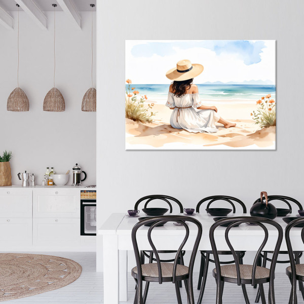 Obraz do salonu sypialni, Kobieta w kapeluszu na plaży 30x20