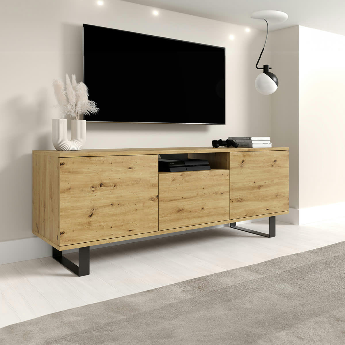 - Meuble TV 3 portes 150 cm stratifiés, métal naturel