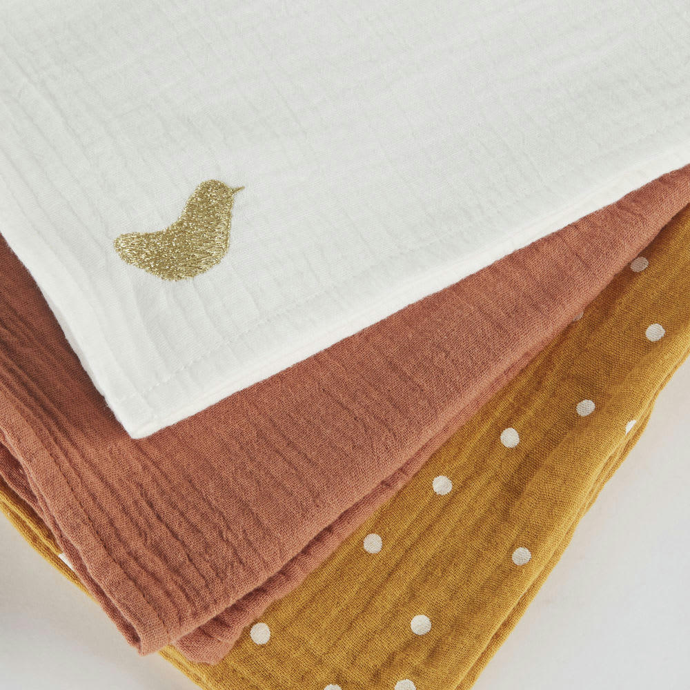 - Langes en gaze de coton imprimé pois et oiseaux jaune moutarde, terracotta et écru (X3)