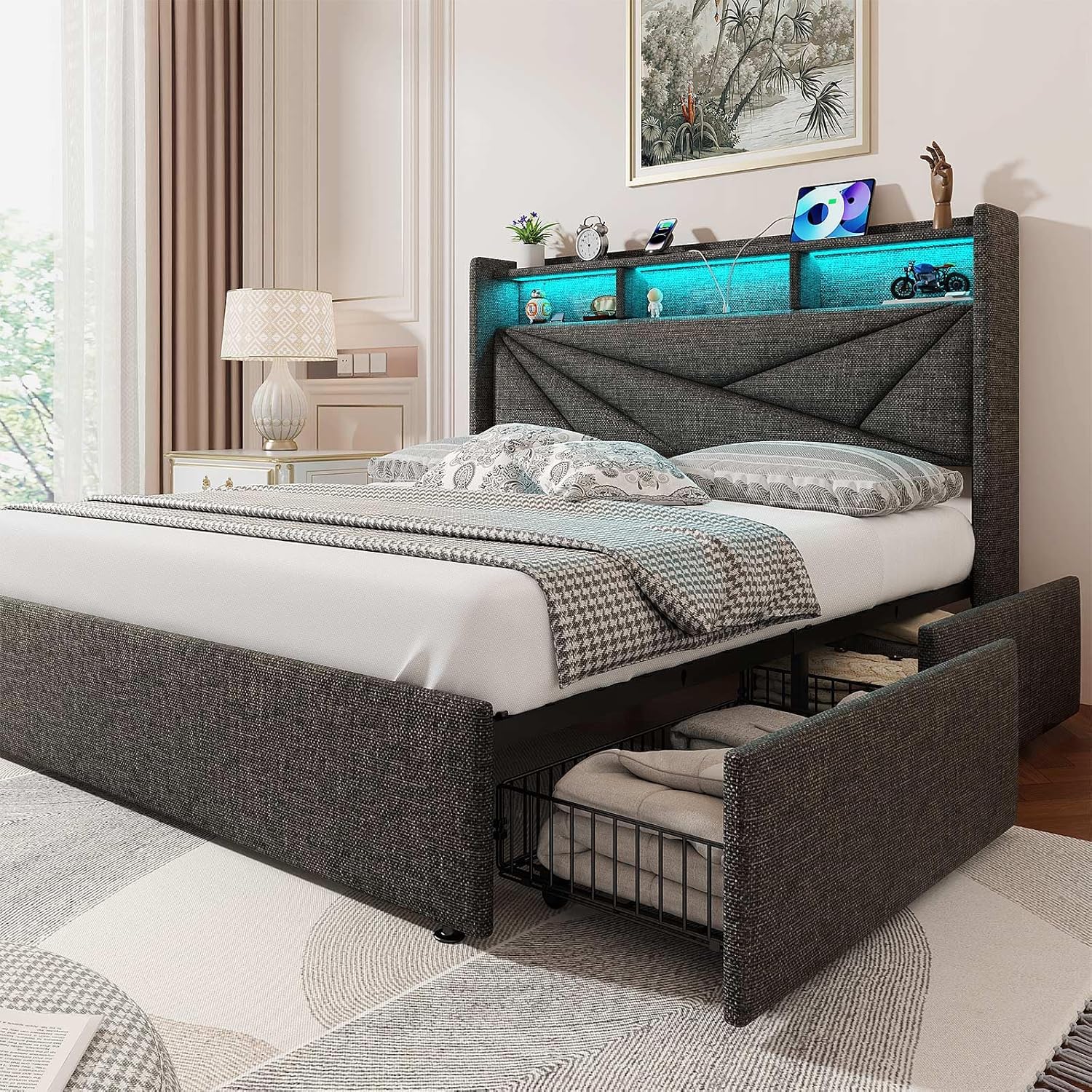 LED Queen Bed Frame with 4 Storage Drawers, Upholstered Bed Frame Queen Size with 2-Tier Headboard and Charging Station, No Box Spring Needed, Easy to Assembly - Dark Grey