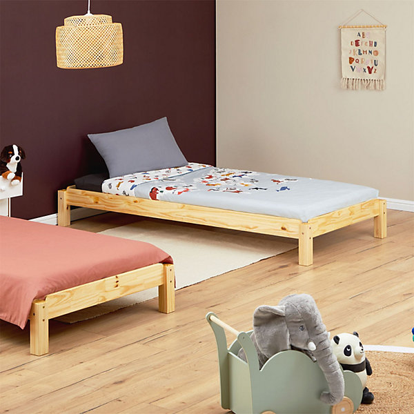 Lot de 2 lits superposables 80x190 cm RINO en pin massif, vernis naturel
