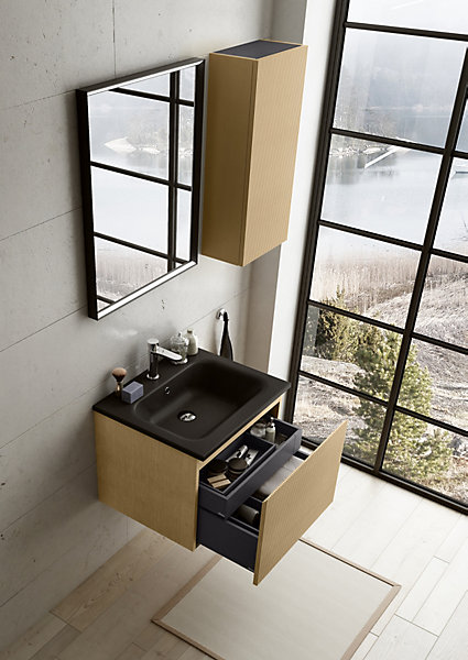 Meuble vasque suspendu plaqué chêne miel strié l.60 cm   plan vasque noir mat résine, Pura