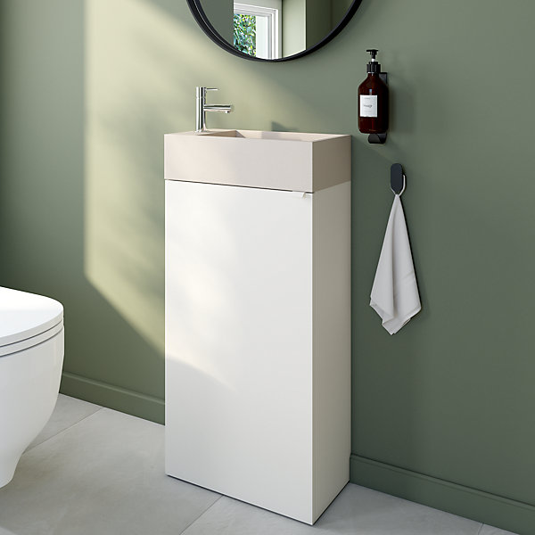 Meuble lave-mains à poser blanc mat l.44 cm Imandra   plan vasque béton beige moucheté, GoodHome