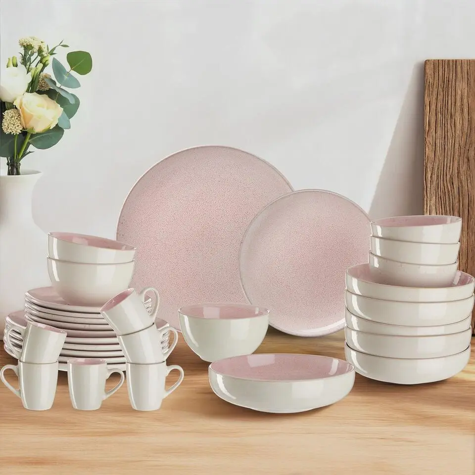 tectake Serviesset Mare van aardewerk, voor 6 personen, Roze