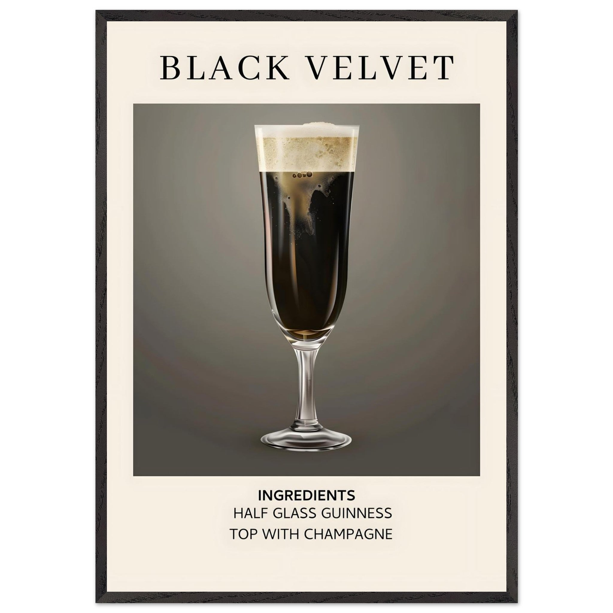Artfulprints Poster met Lijst Black Velvet cocktail - Ingrediënten  - 70x100 cm - Zwart / Wit