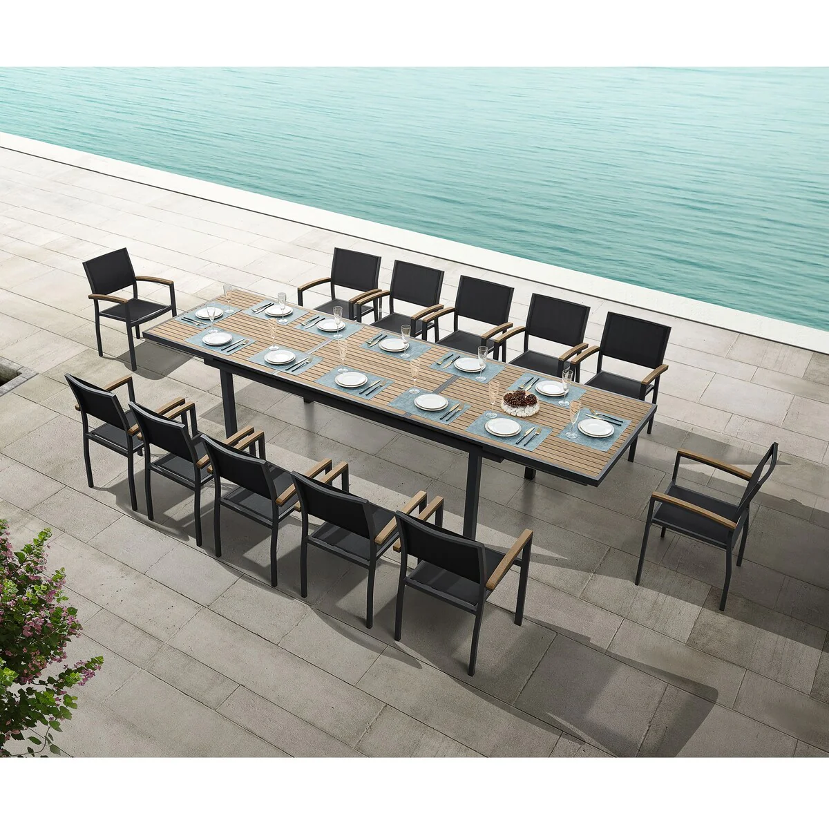 Heck 13 Pieces FSC Teak Aluminum Outdoor Dining Set for 12 Person, Extendable Table and Stackable Chair, Charcoal Black