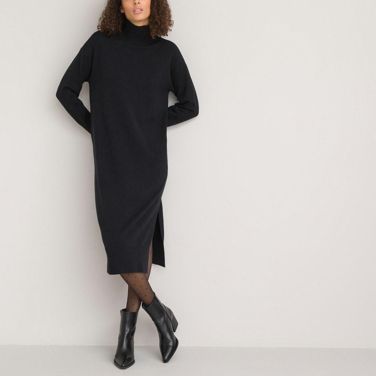 Robe pull, col roulé, manches longues