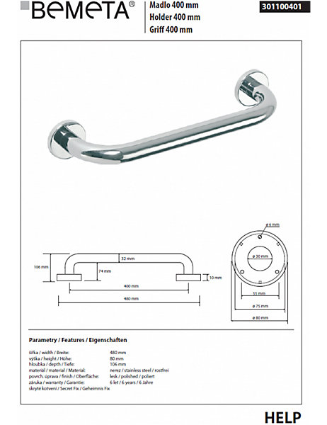 Barre de maintien de douche HELP en acier inoxydable-48x8x10,6cm--