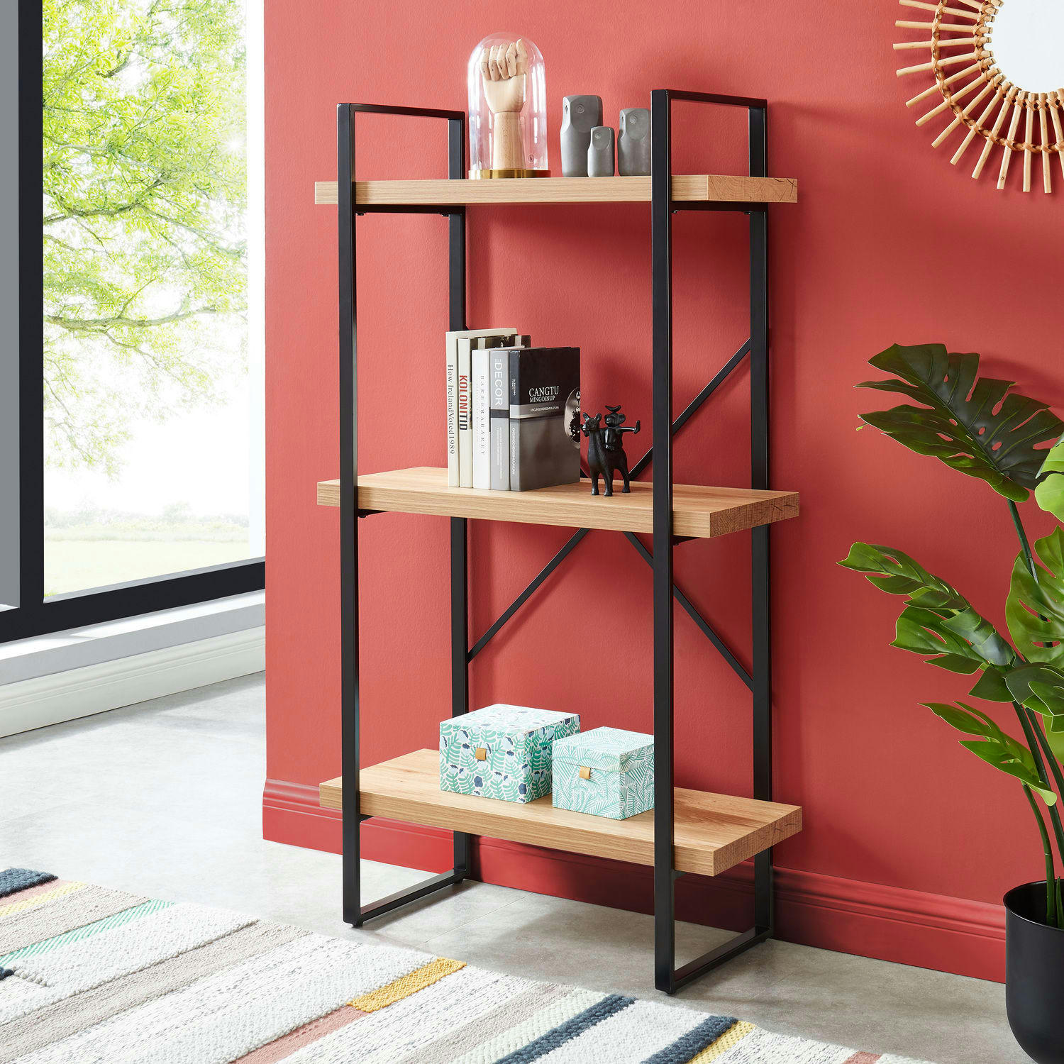 FELIX - Bibliothèque   effet chêne et métal noir  h145cm