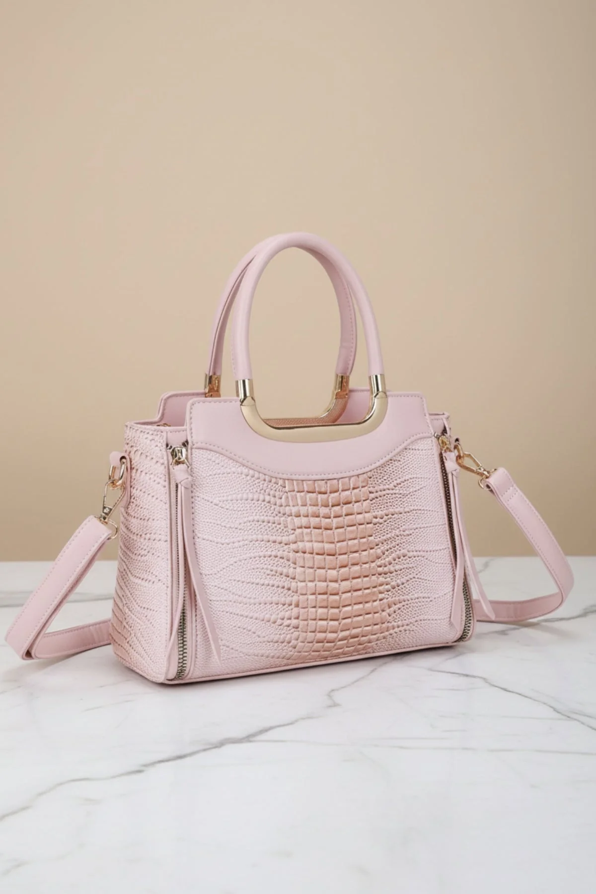 Pink Faux Croc Metallic Tote Bag