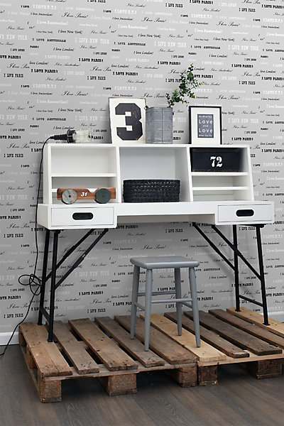 ESTAhome papier peint I love Paris argent et noir 53 cm x 10.05 m