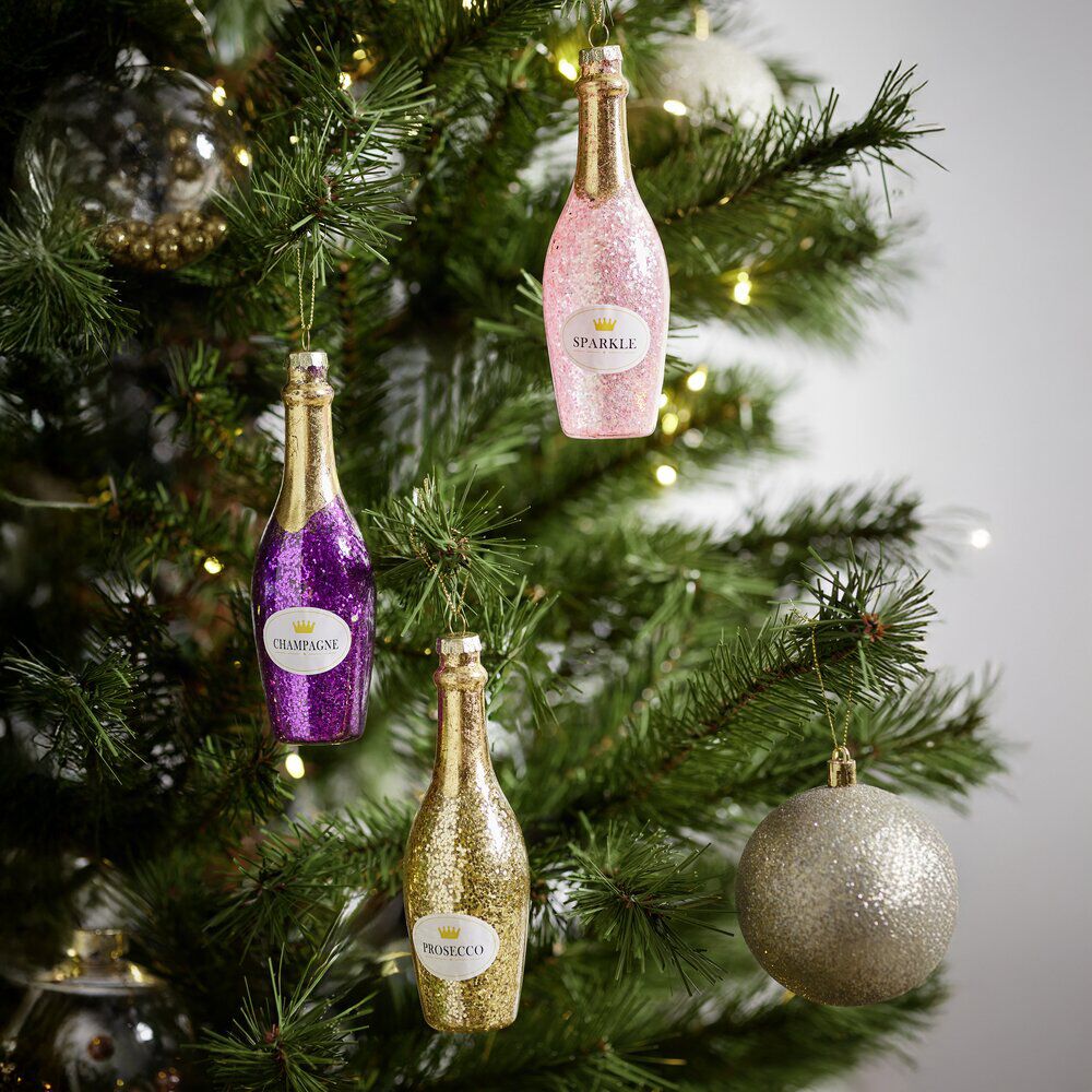 Boule de No&euml;l en verre forme bouteille de champagne Ø4xH14cm (3 modèles)