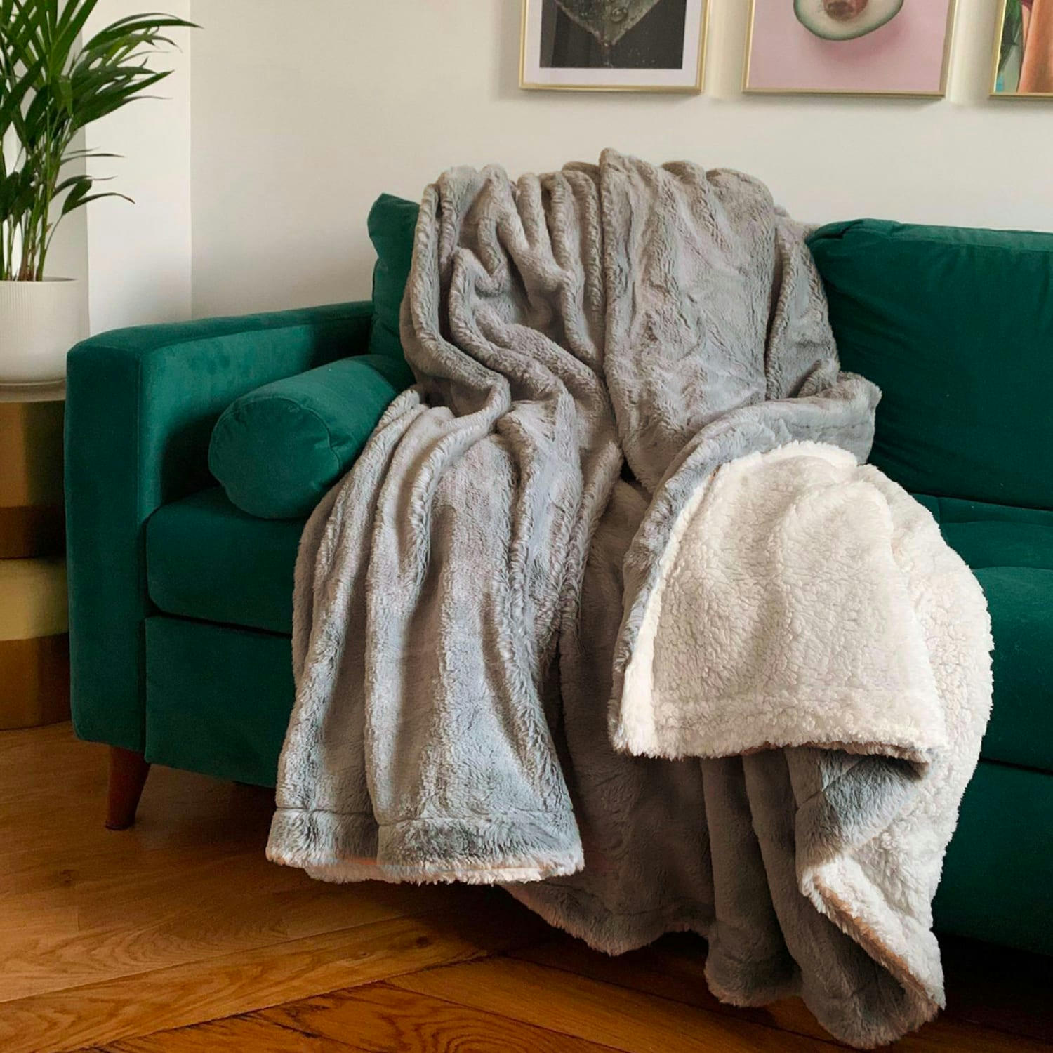 COUVERTURE - Couverture plaid XL doublée imitation "Lapin" 220x240 gris clair