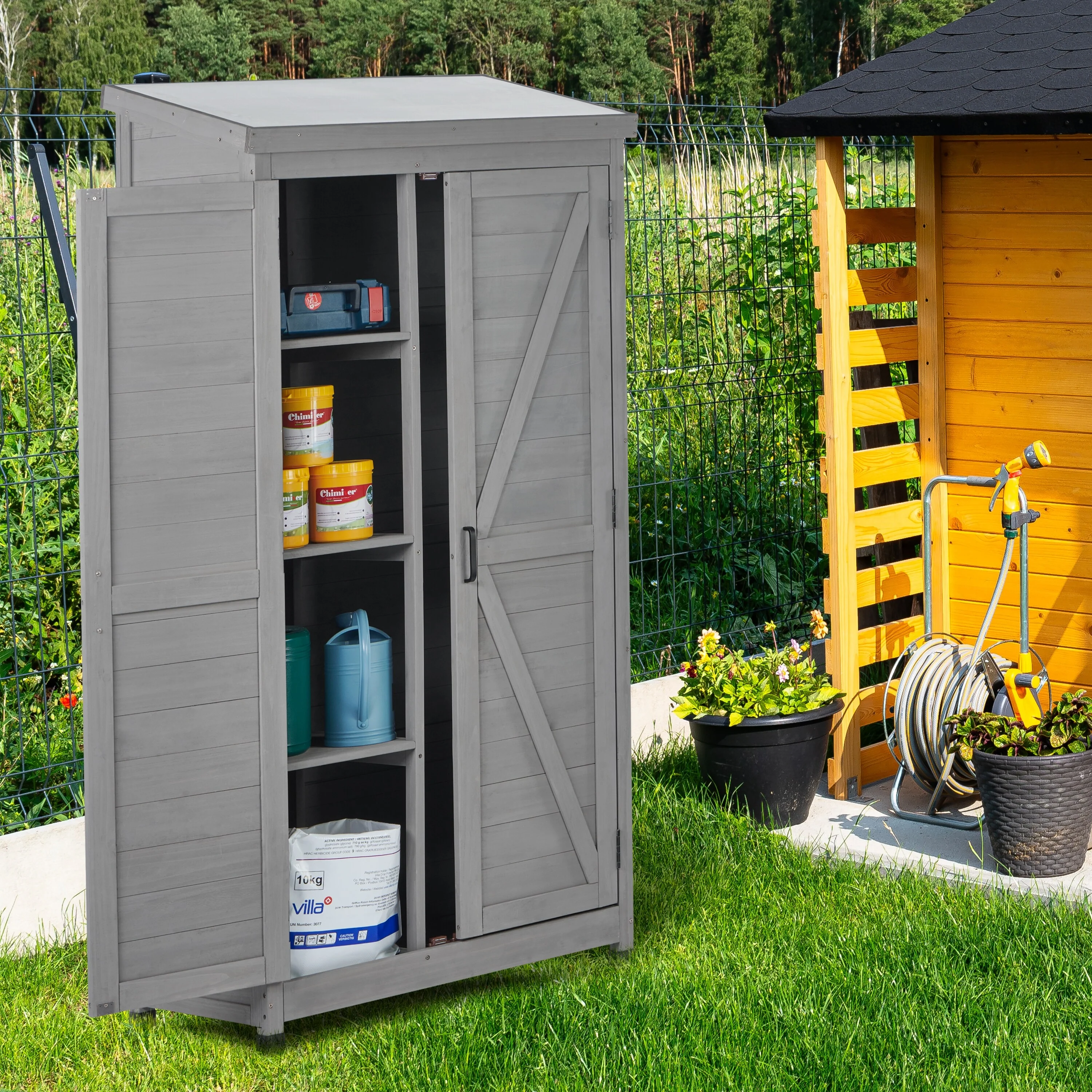 Outdoor Storage Cabinet with Magnetic Door, Garden Storage Shed with Rust-proof and Waterproof Metal Top, Wood Tall Shed