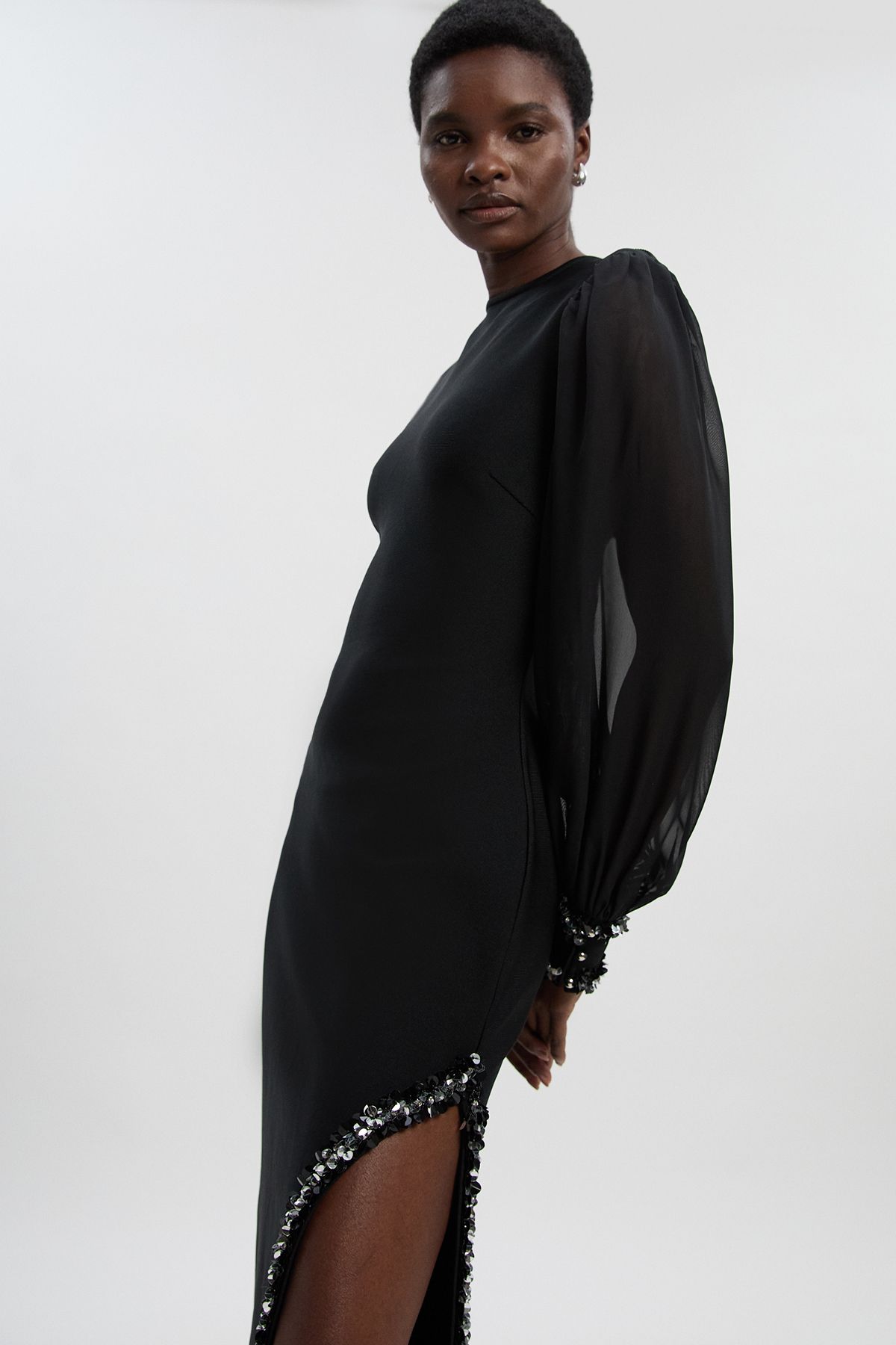 KarenMillen Petite Embellished Figure Form Bandage And Chiffon Sleeve Midi Dress